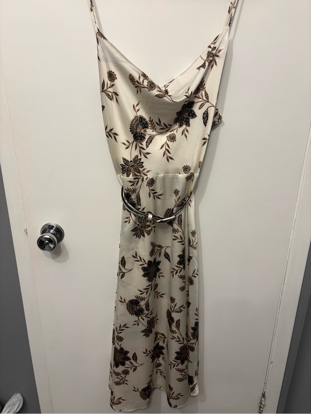 Satin Cream Floral Midi Slip Dress with Brown Print